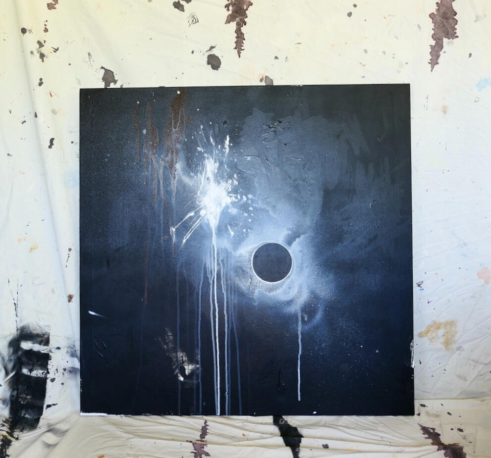 Dark eclipse-inspired painting with a black void and a striking white explosion of paint on a cosmic backdrop.