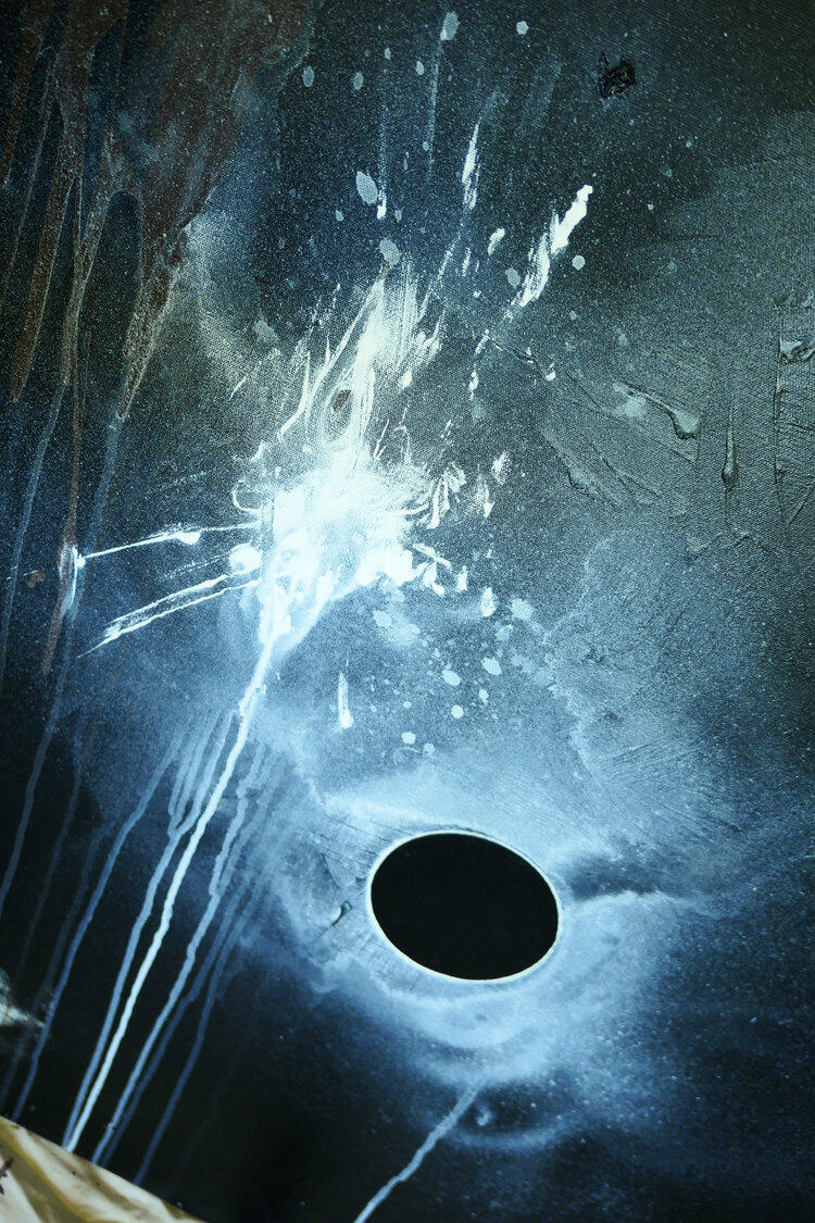 Dark eclipse-inspired painting with a black void and a striking white explosion of paint on a cosmic backdrop.